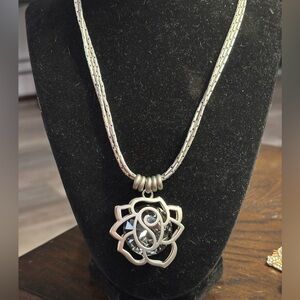 Large Black Metal Rose silver tone Necklace with smoky grey crystal. NEW 15-17”